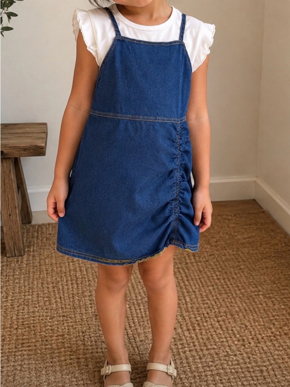 Girls Blue Denim Dress with white shirt